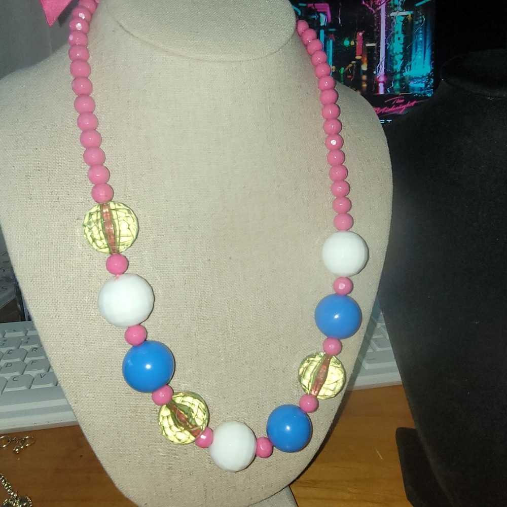 Vintage Pink Blue White Faceted Bead Ribbon Tie Bubble Gum Necklace 20in 58g